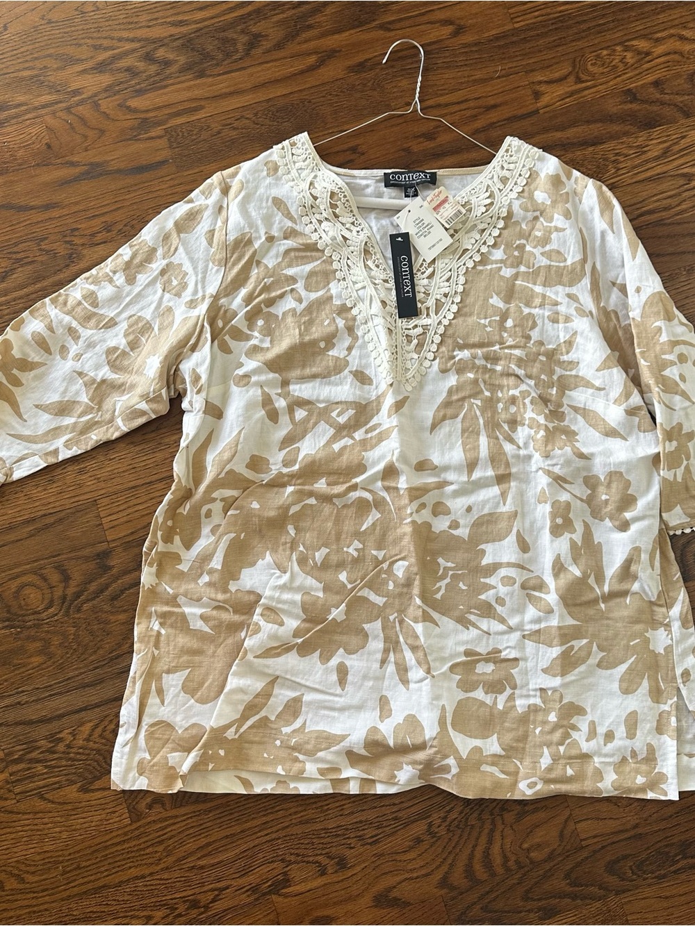NWT Context Coastal Khaki Belize Cream & Tan Floral Lace-Trim Linen Top